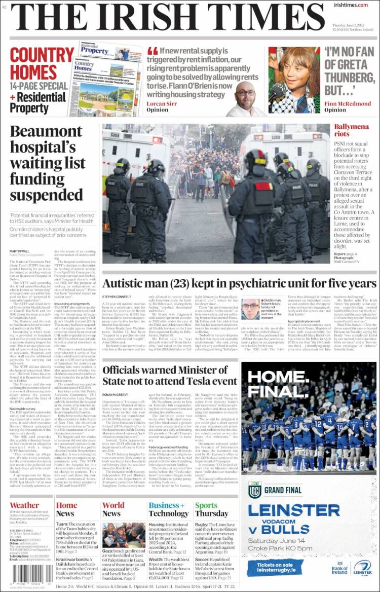 Portada de Irish Times (Irlanda)
