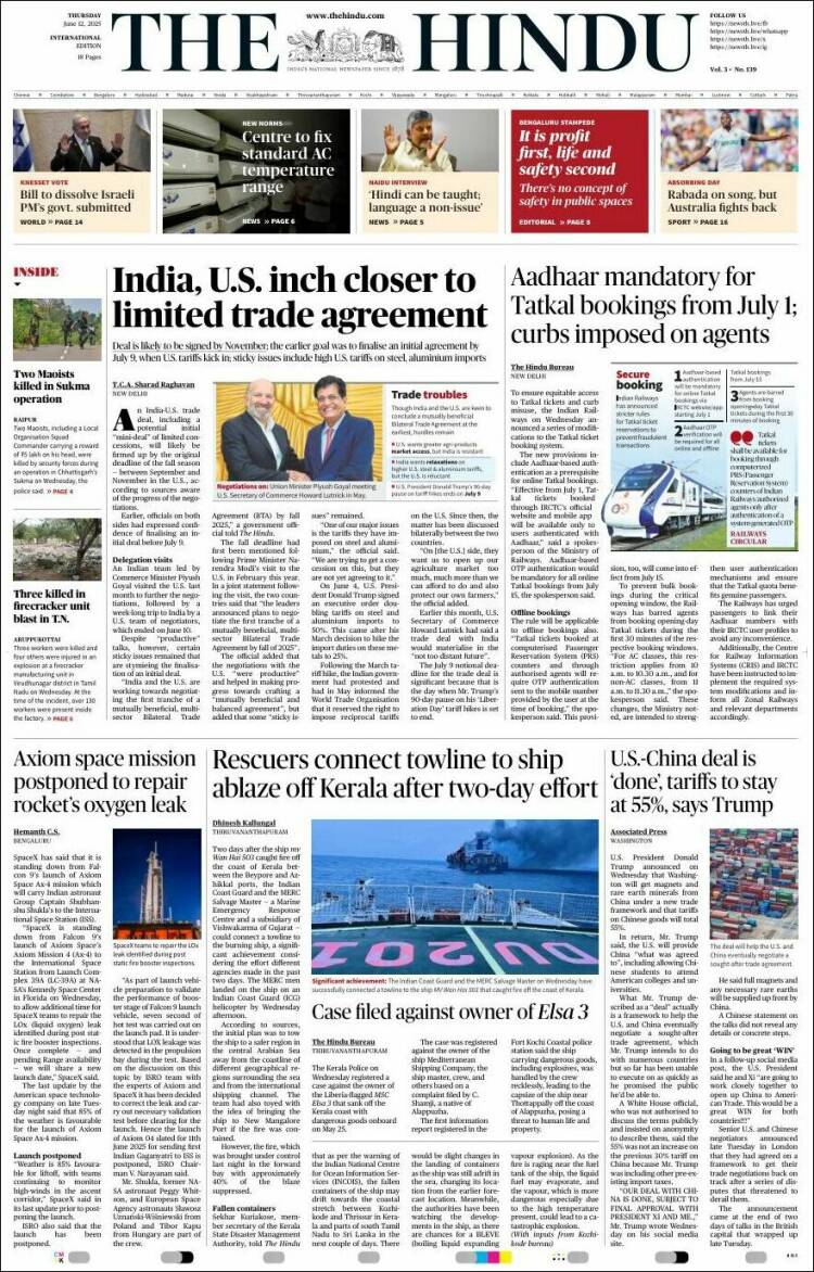 Portada de The Hindu (India)