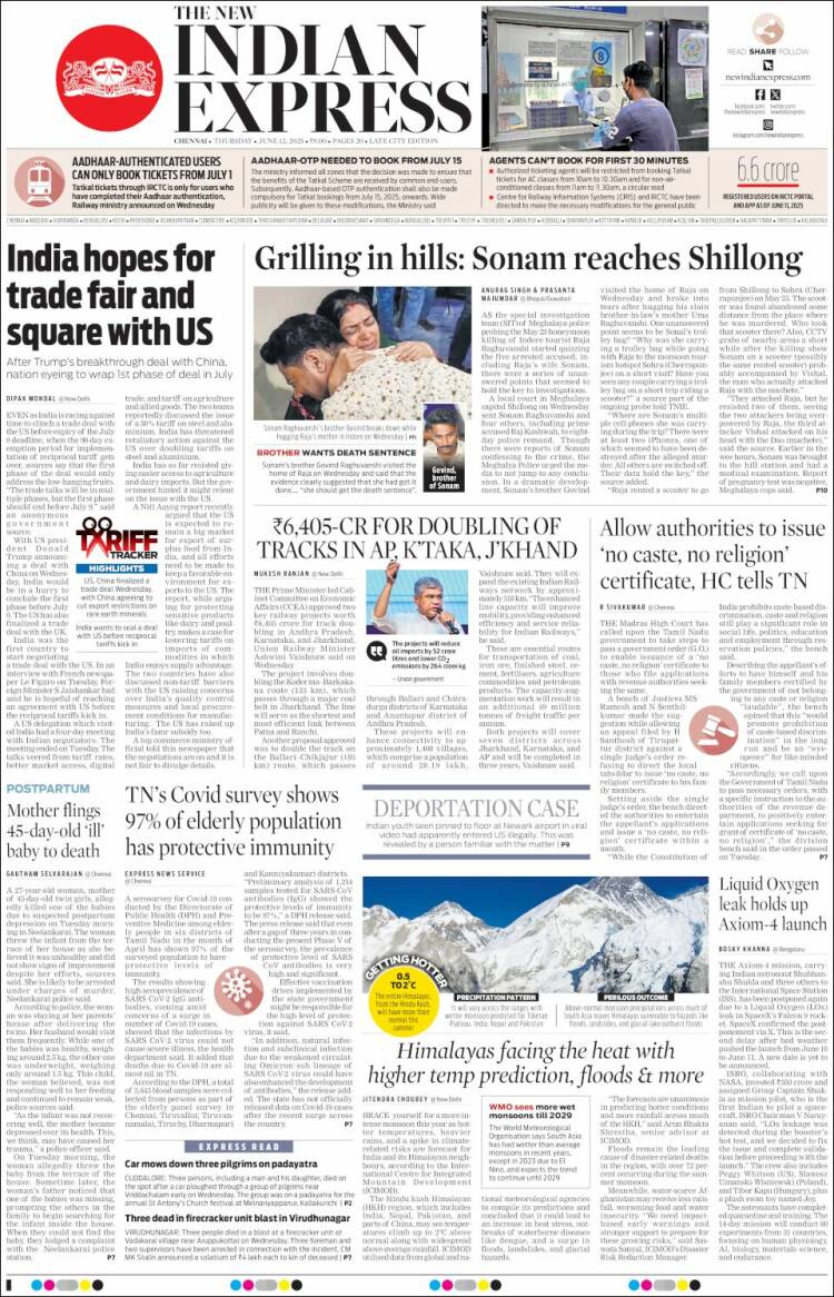 Portada de New Indian Express (India)