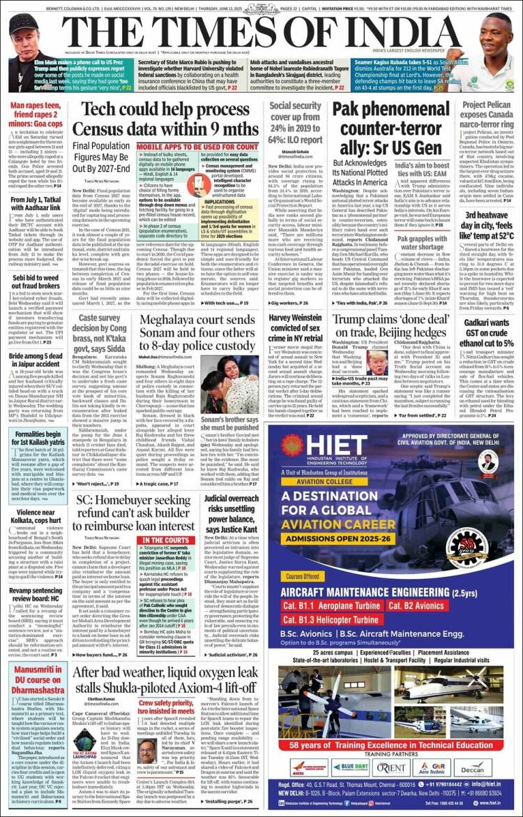 Portada de The Times of India (India)
