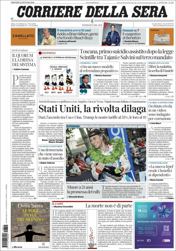 Portada de Corriere della Sera (Italia)