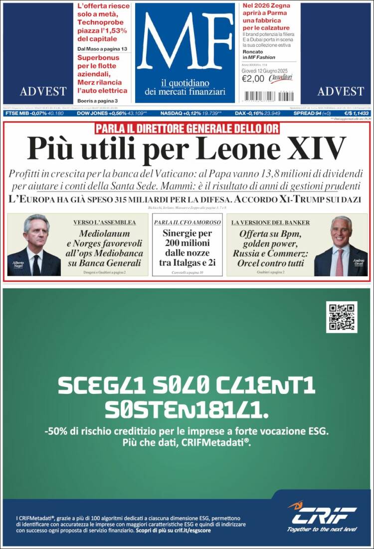 Portada de Milano Finanza (Italia)