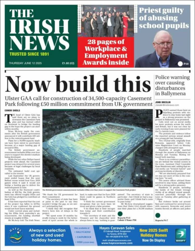 Portada de Irish News (Reino Unido)