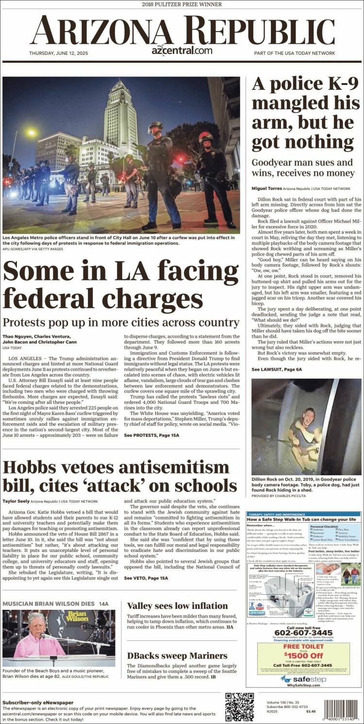Portada de Arizona Republic News (USA)
