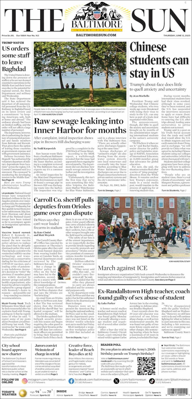 Portada de The Baltimore Sun (USA)