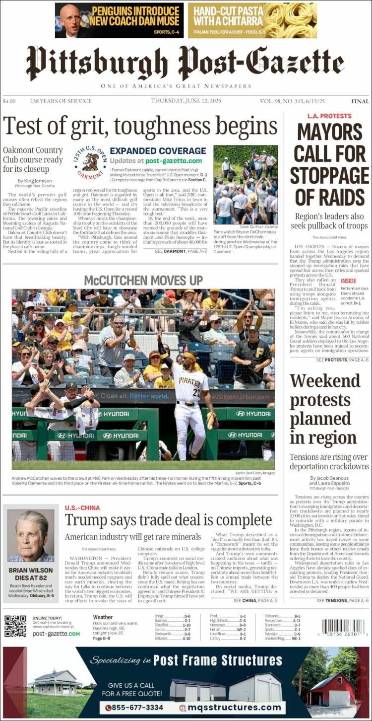 Portada de Pittsburgh Post-Gazette (USA)