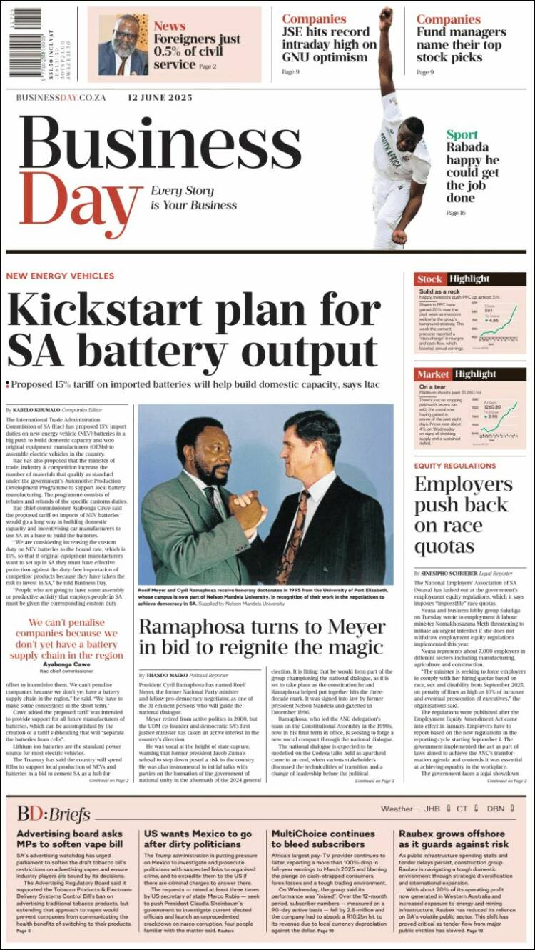 Portada de Business Day (Sudáfrica)