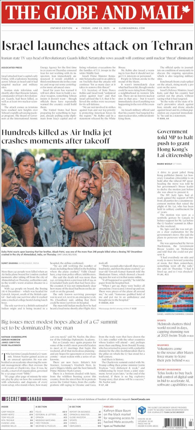 Portada de The Globe and Mail (Canadá)
