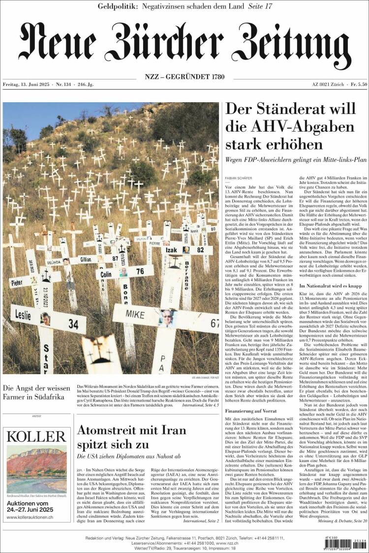 Portada de Neue Zürcher Zeitung (Suiza)