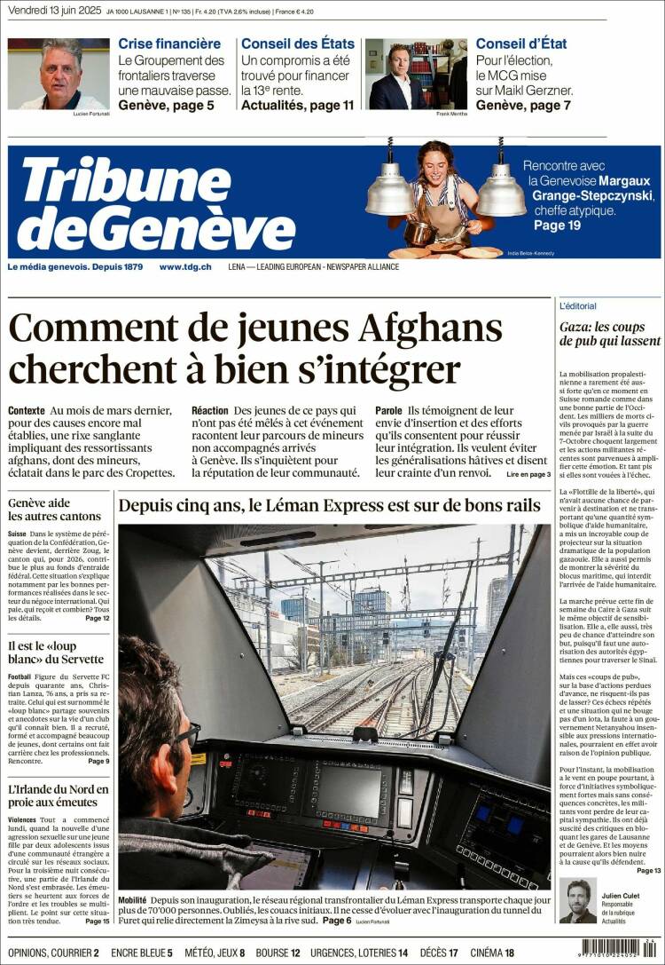 Portada de La Tribune de Genève (Suiza)