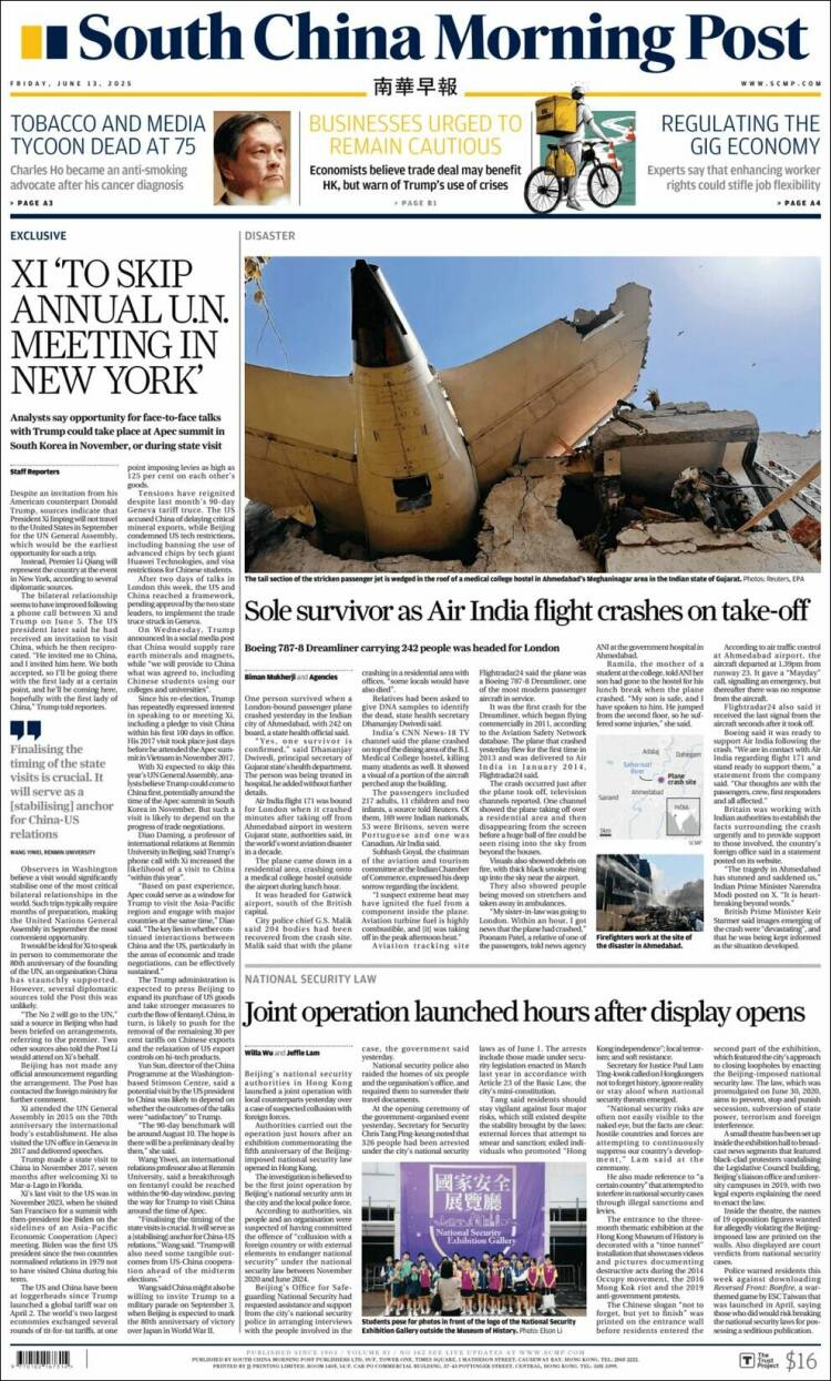 Portada de South China Morning Post (China)