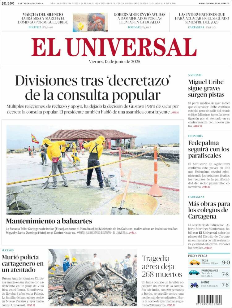 Portada de El Universal (Colombia)