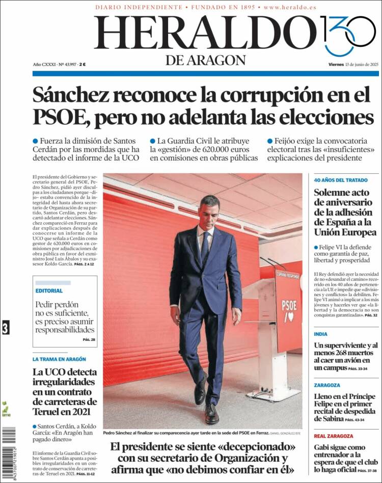 Portada de Heraldo de Aragón (España)