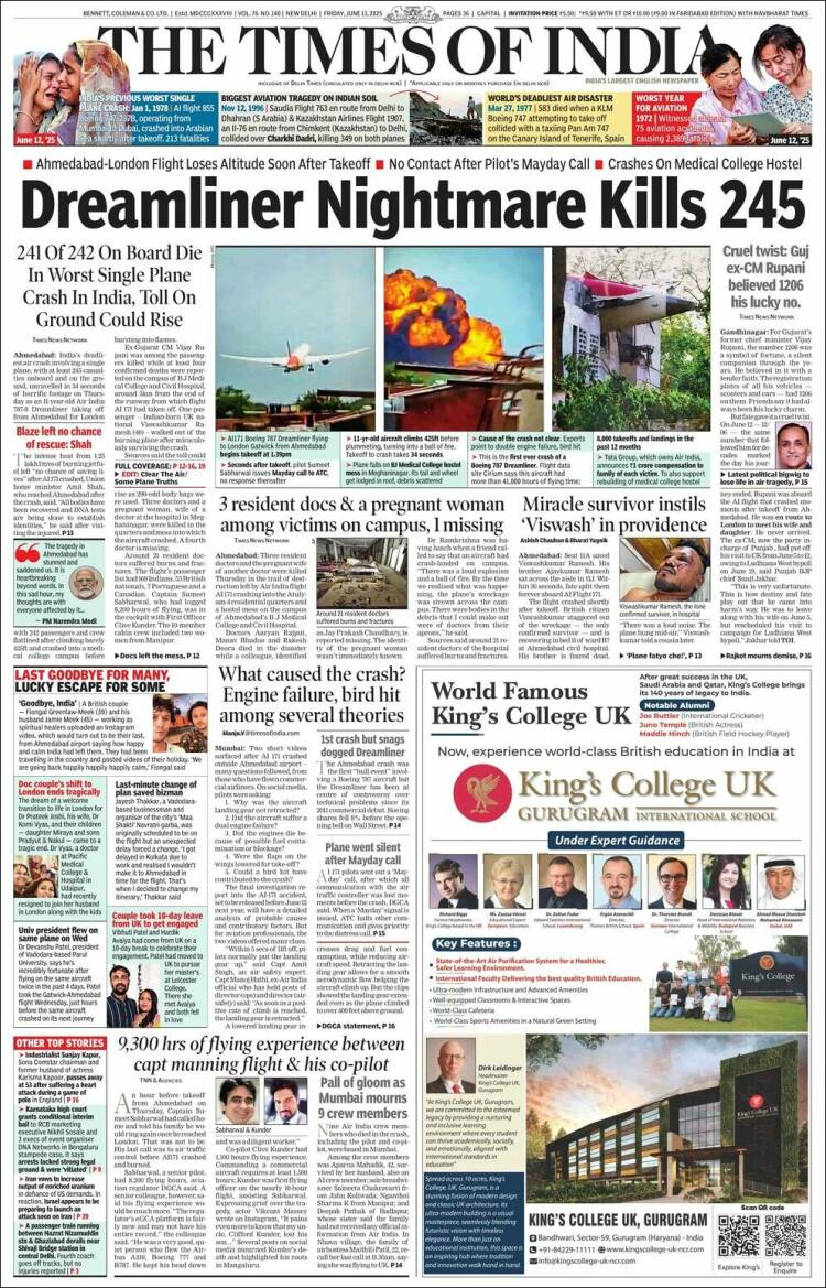 Portada de The Times of India (India)