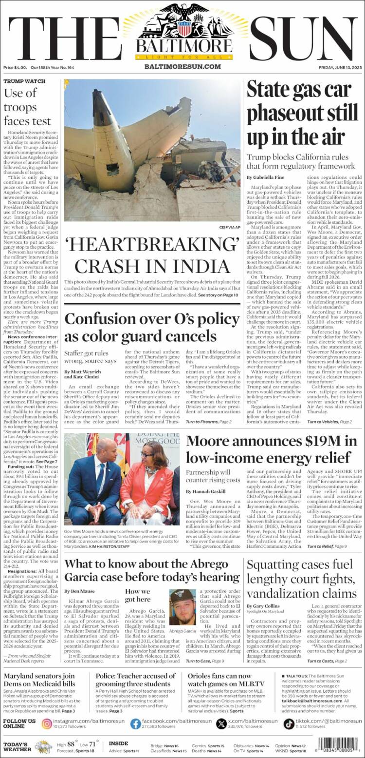 Portada de The Baltimore Sun (USA)