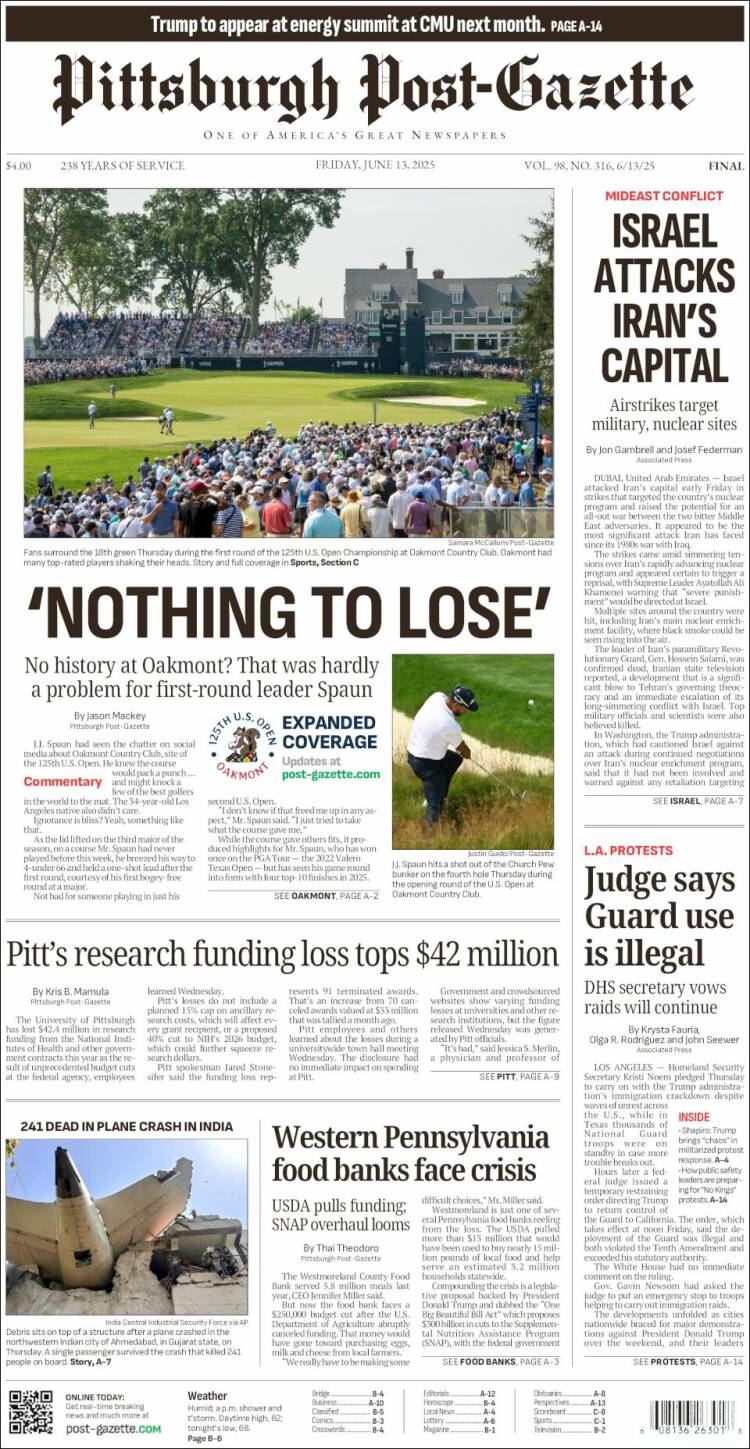 Portada de Pittsburgh Post-Gazette (USA)