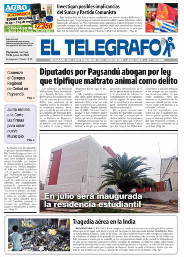 Portada de El Telégrafo (Uruguay)