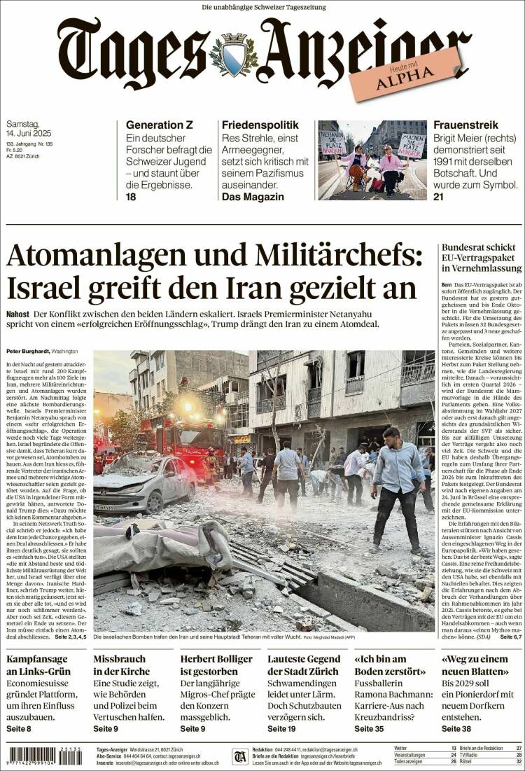 Portada de Tages-Anzeiger (Suiza)