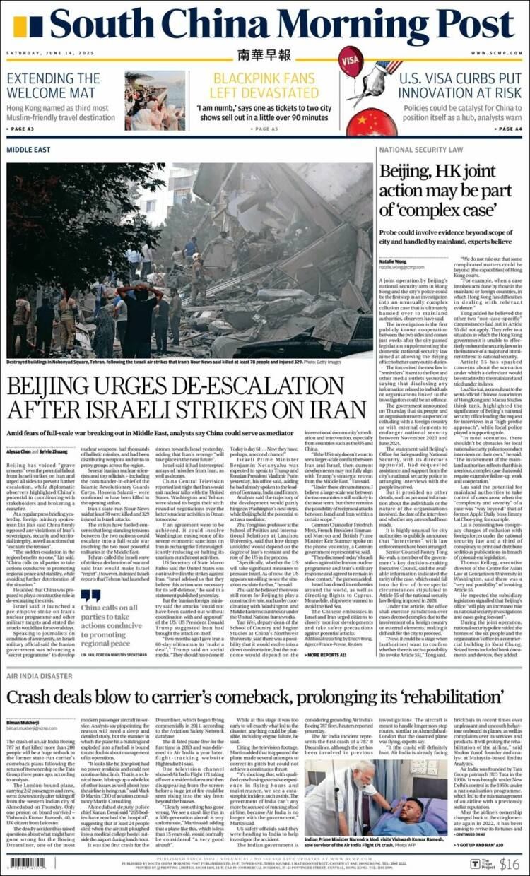 Portada de South China Morning Post (China)