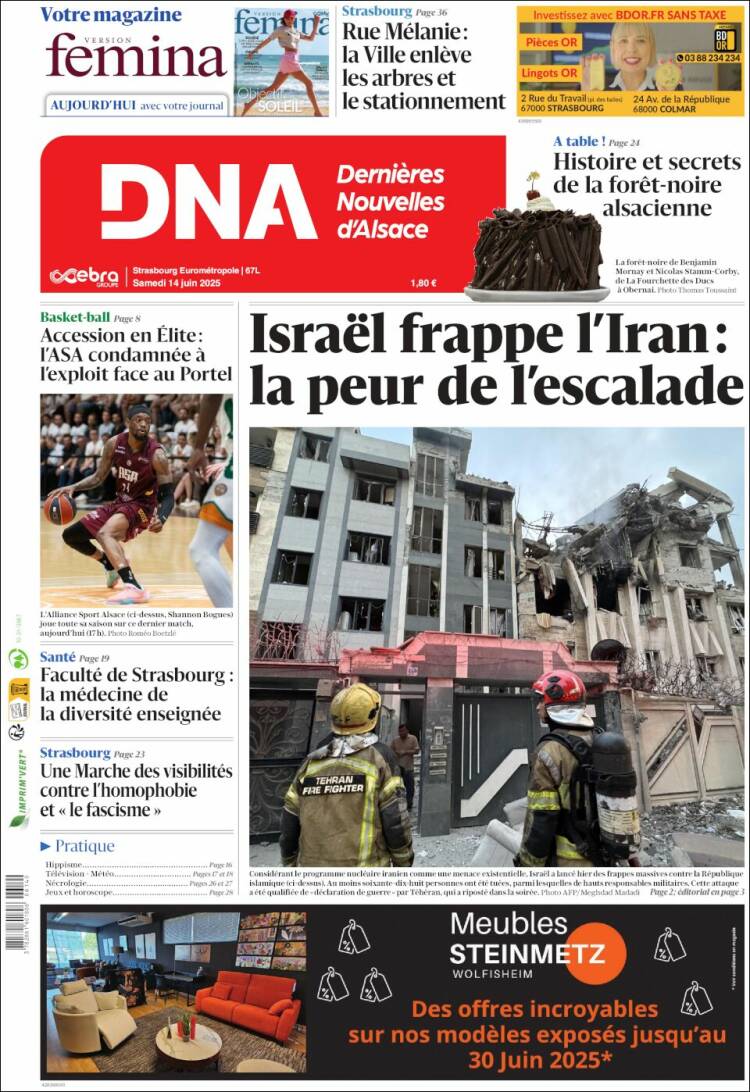 Portada de Les Dernières Nouvelles d'Alsace (Francia)