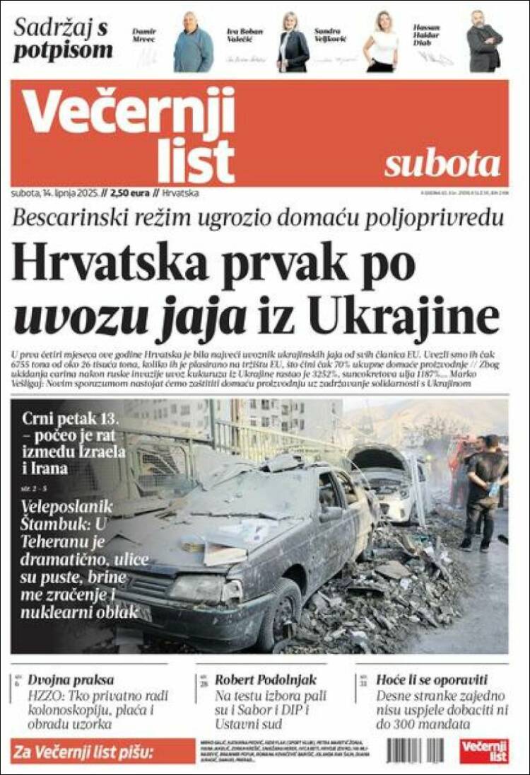 Portada de Večernji (Croacia)