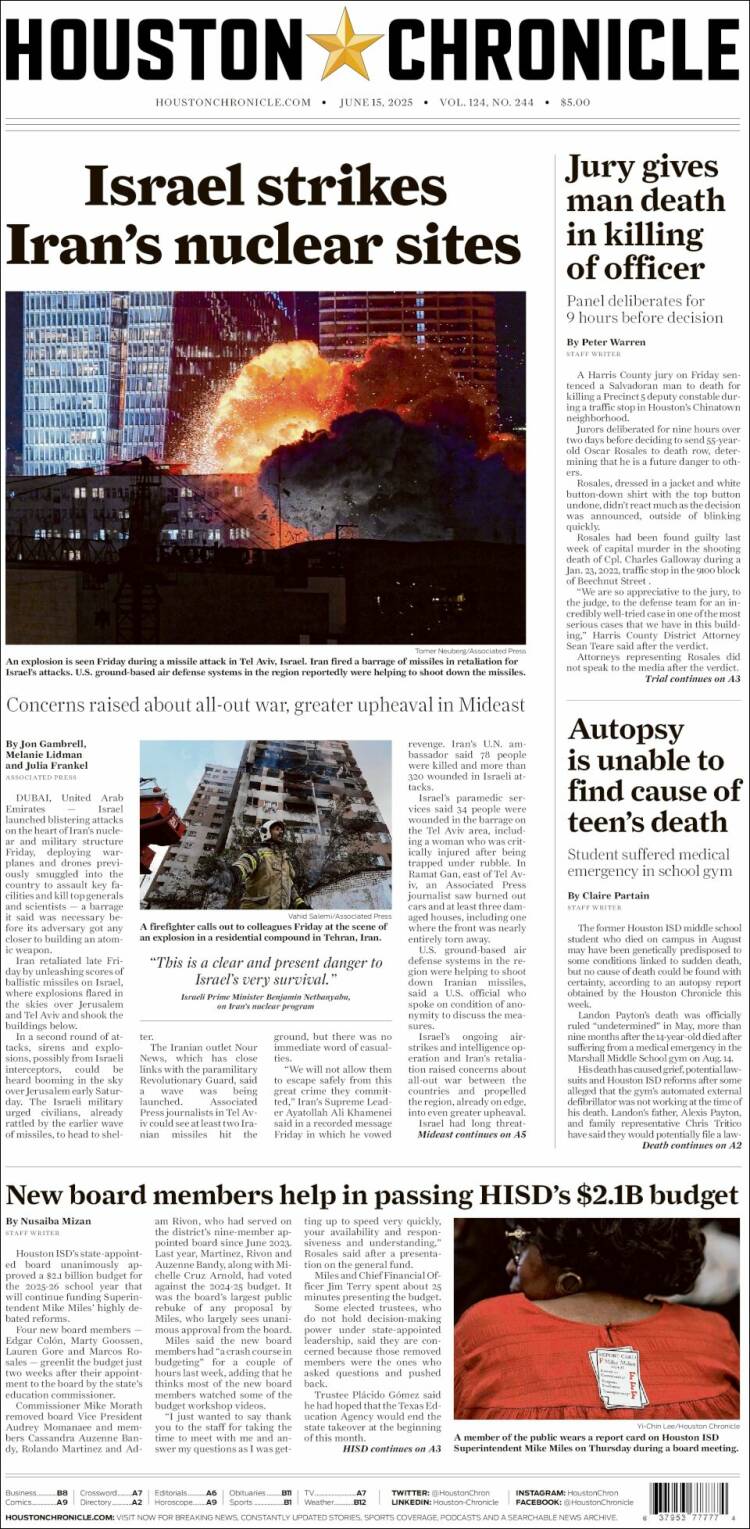 Portada de Houston Chronicle (USA)