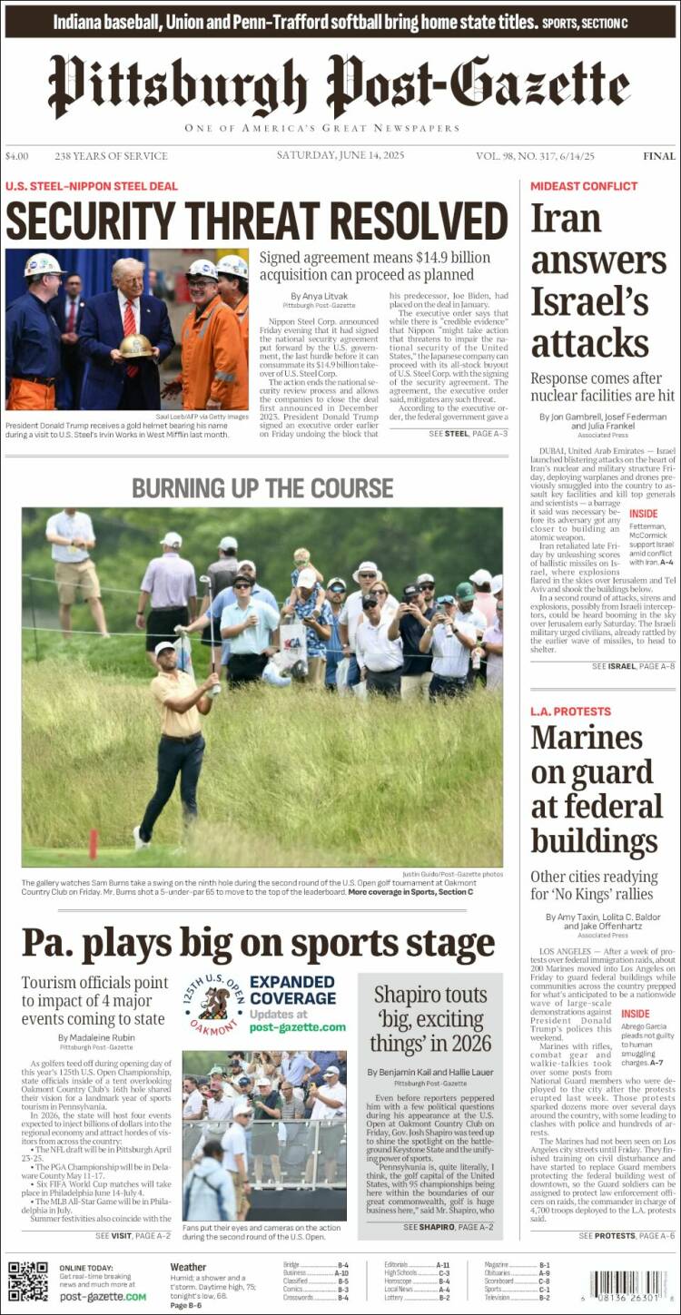 Portada de Pittsburgh Post-Gazette (USA)