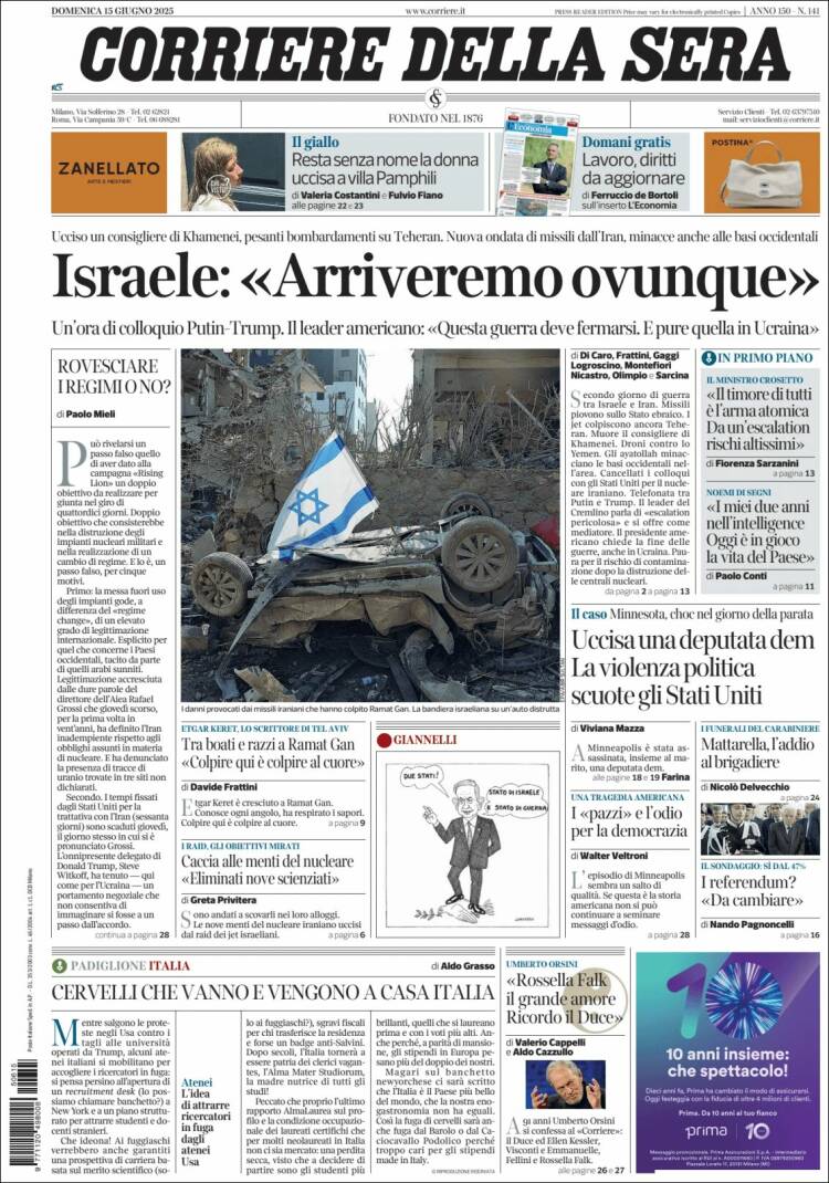 Portada de Corriere della Sera (Italia)