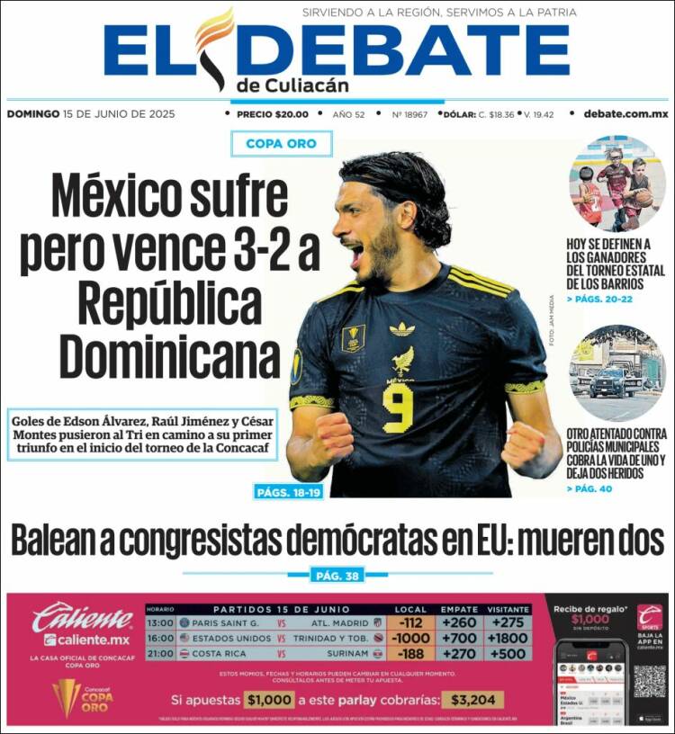 Portada de El Debate de Culiacán (México)