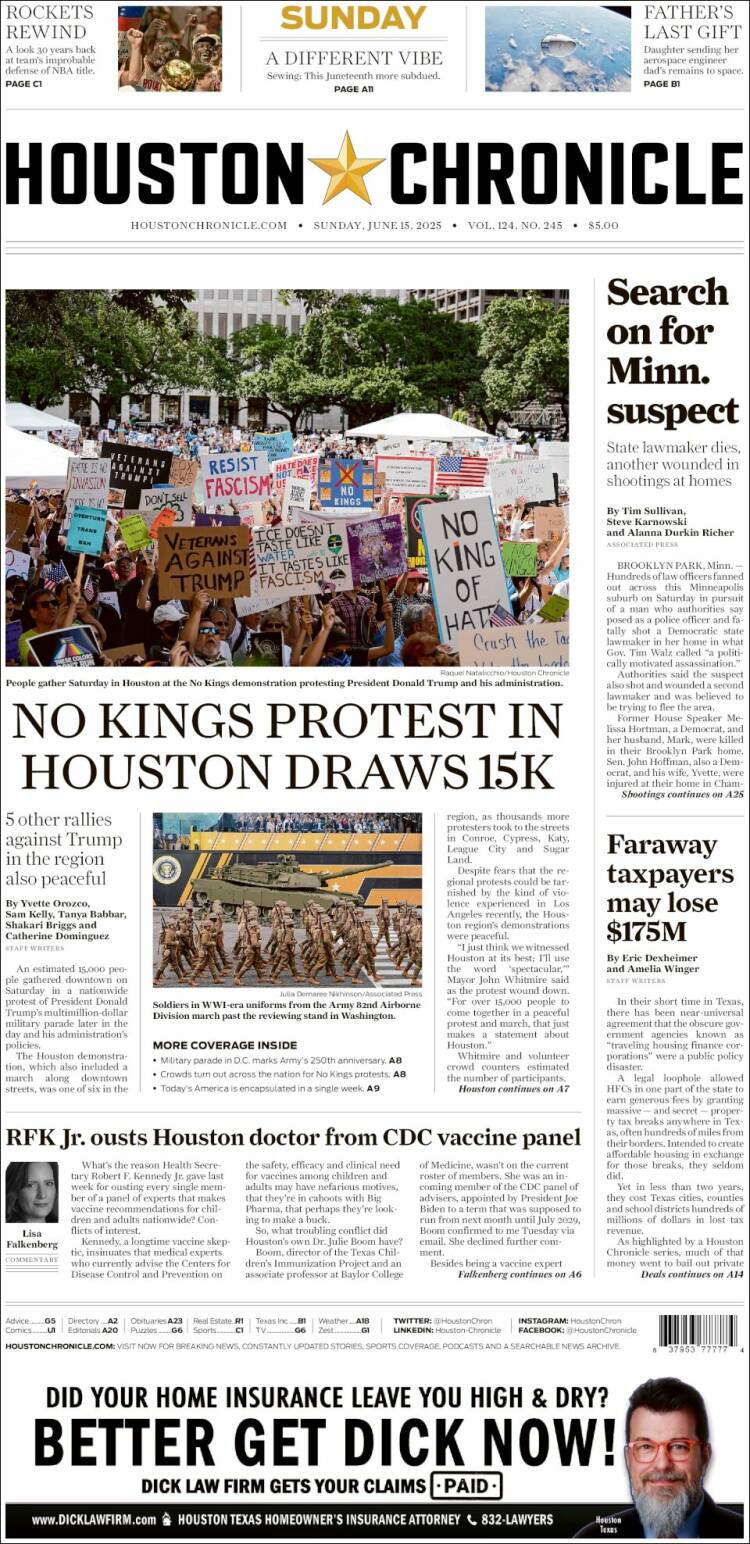 Portada de Houston Chronicle (USA)