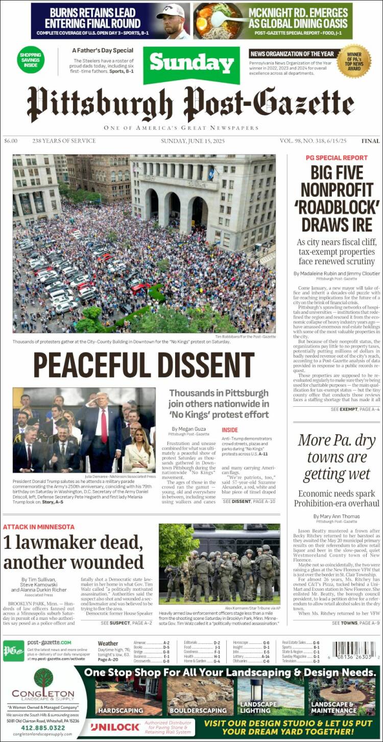 Portada de Pittsburgh Post-Gazette (USA)