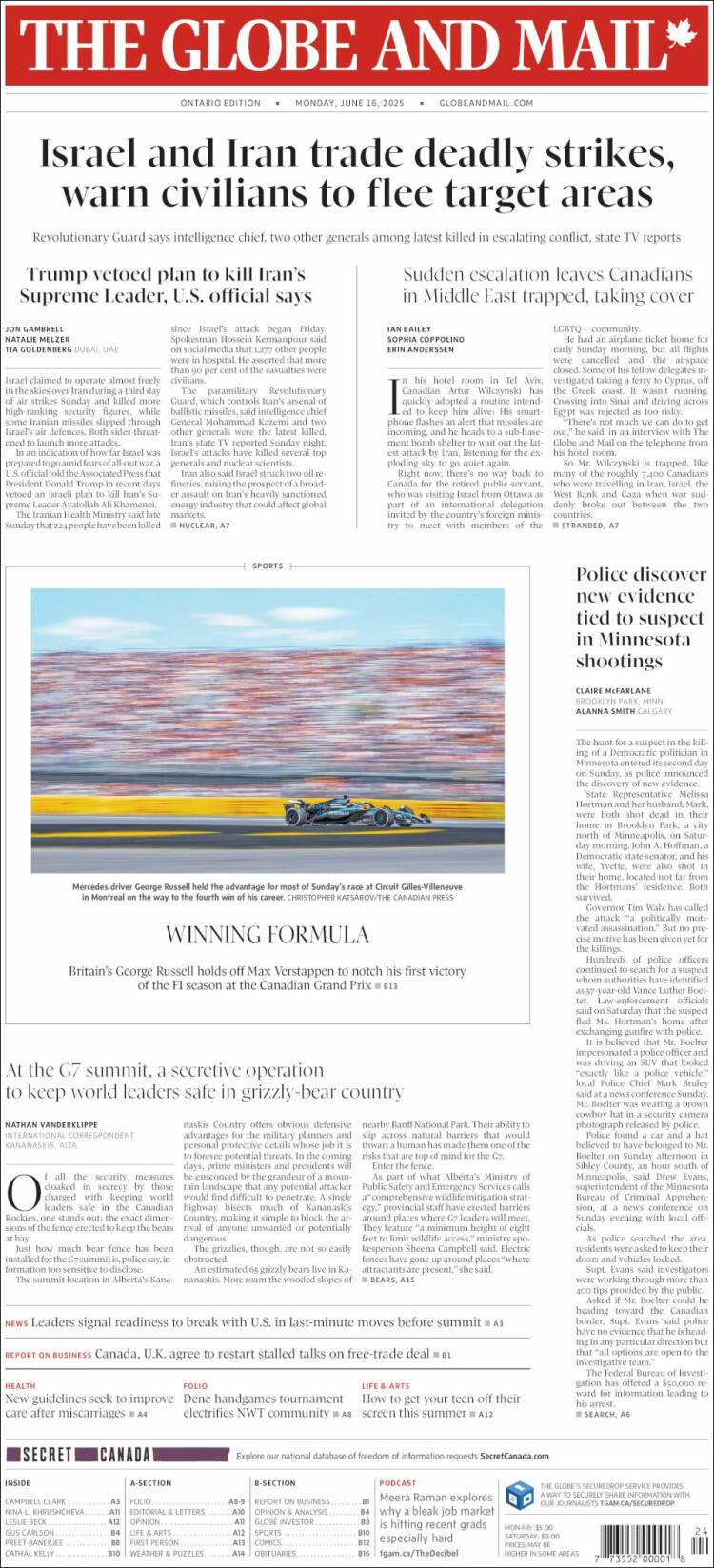 Portada de The Globe and Mail (Canadá)