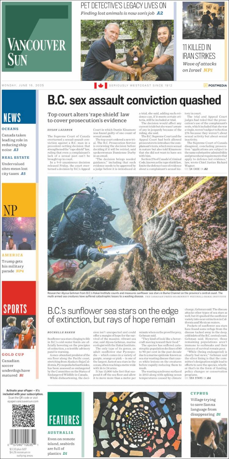 Portada de The Vancouver Sun (Canada)