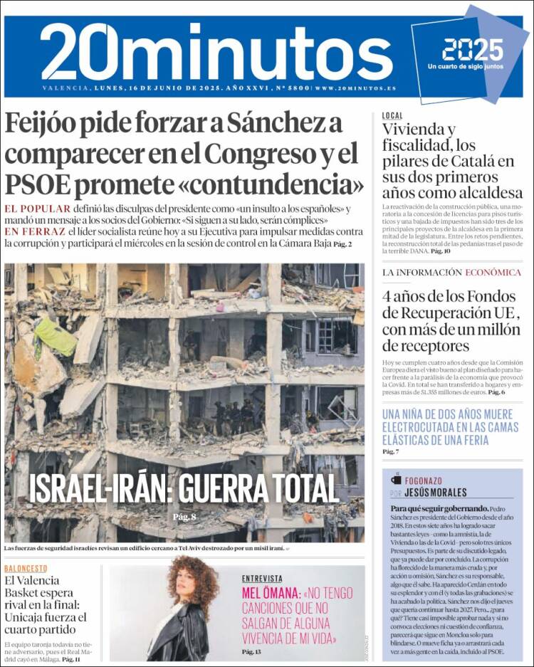 Portada de 20 Minutos - Valencia (España)