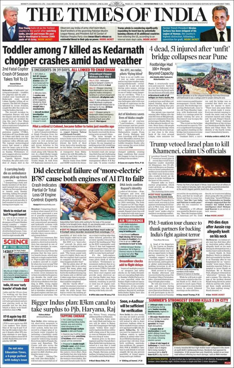 Portada de The Times of India (India)