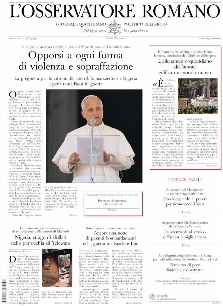 Portada de L'Osservatore Romano (Italia)