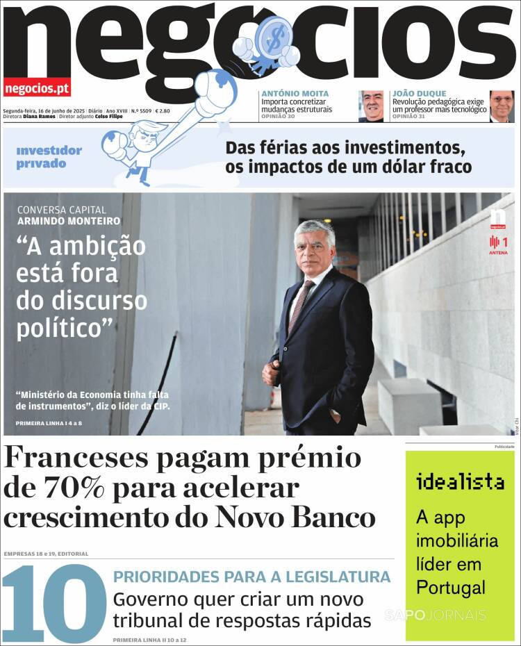 Portada de Jornal de Negócios (Portugal)