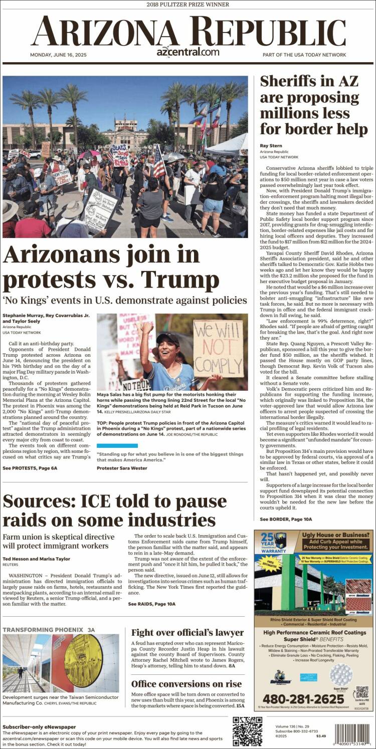 Portada de Arizona Republic News (USA)