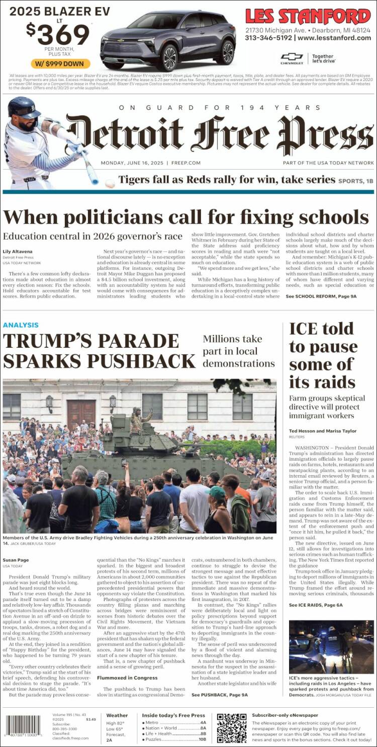 Portada de Detroit Free Press (USA)