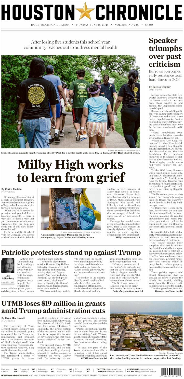 Portada de Houston Chronicle (USA)
