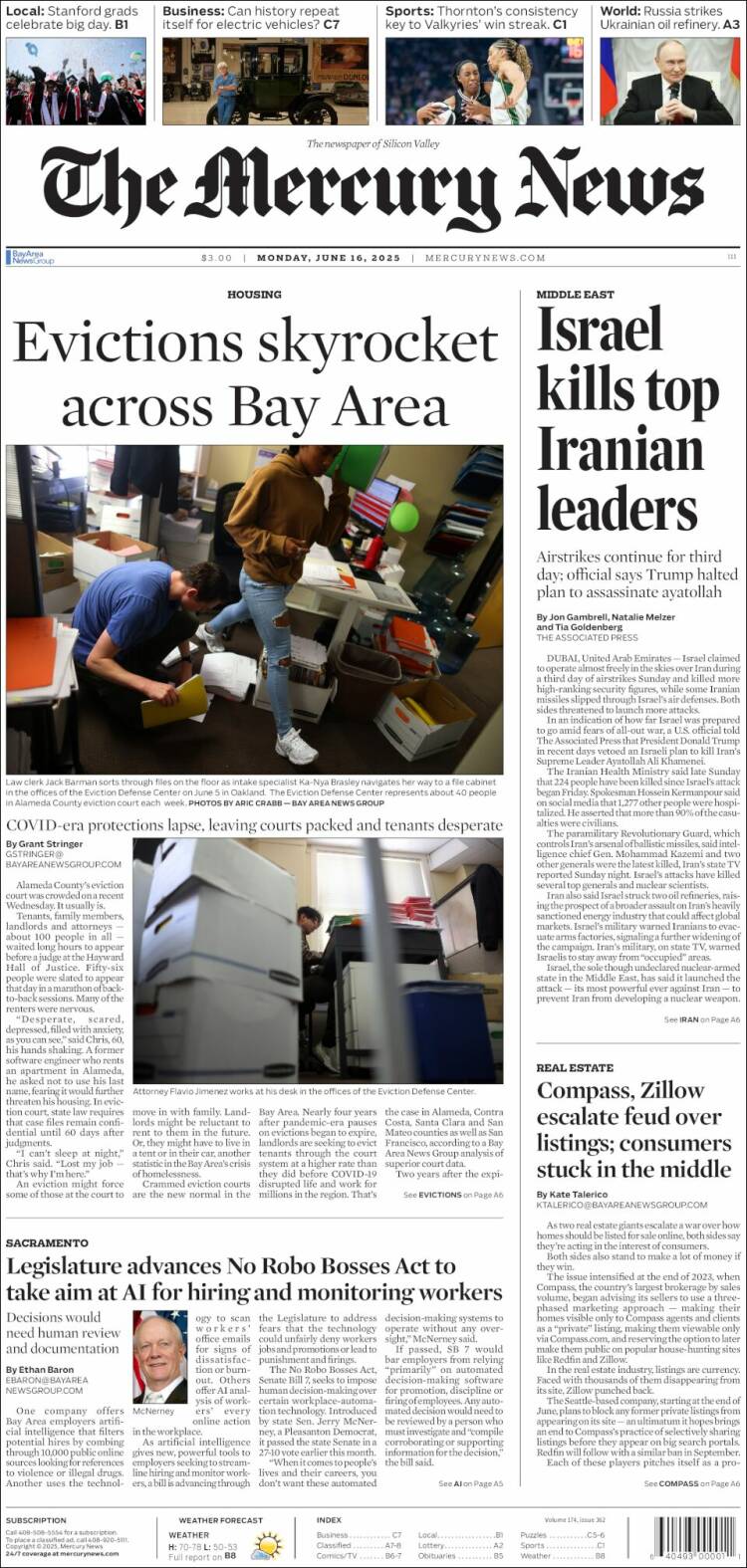 Portada de San Jose Mercury News (USA)