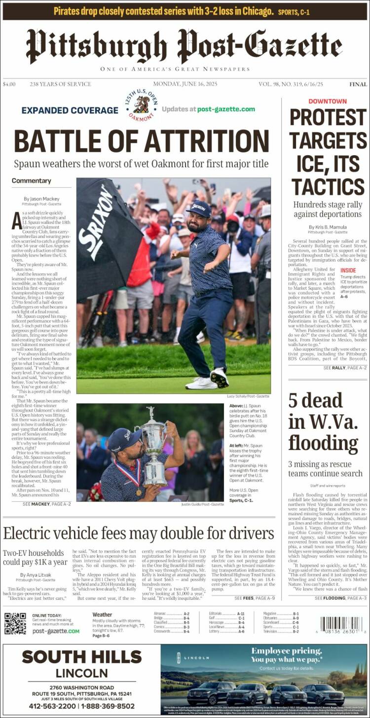 Portada de Pittsburgh Post-Gazette (USA)