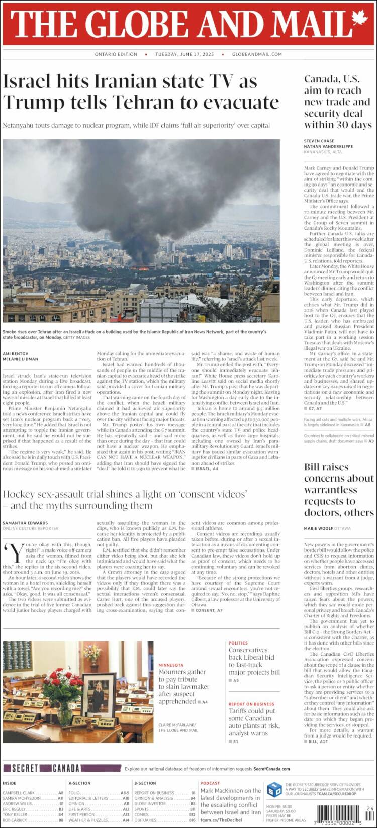 Portada de The Globe and Mail (Canadá)