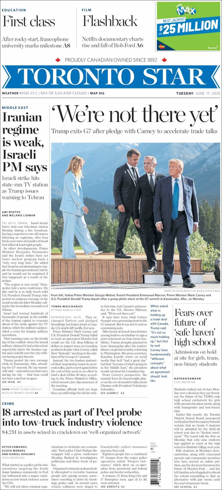Portada de The Toronto Star (Canadá)
