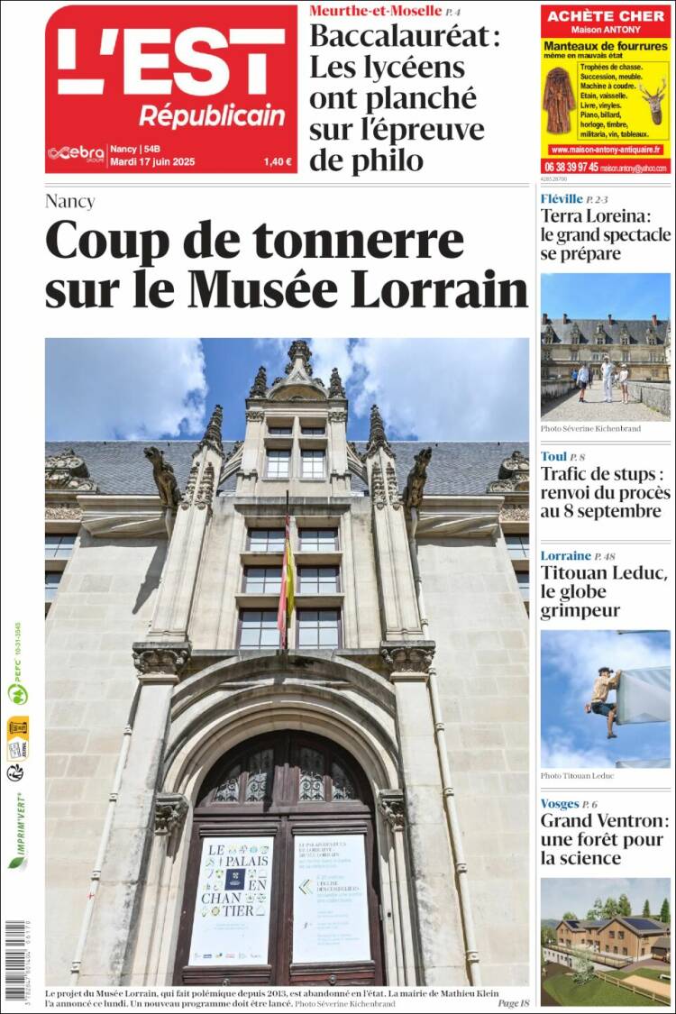 Portada de L'Est Republicain (Francia)