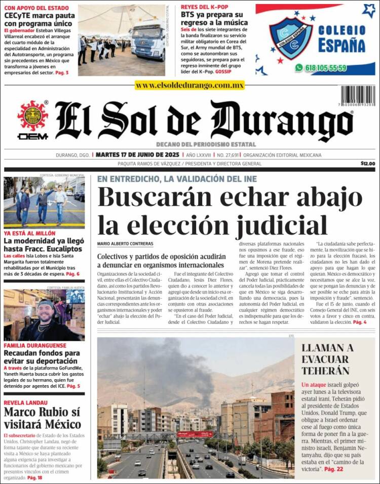 Portada de El Sol de Durango (México)