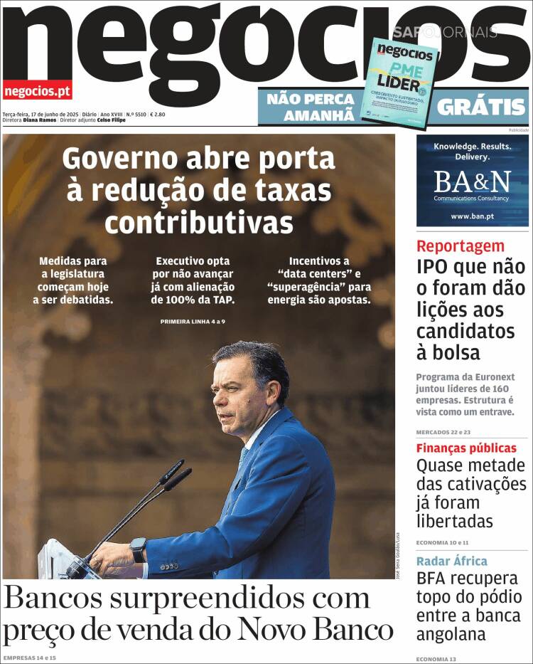 Portada de Jornal de Negócios (Portugal)