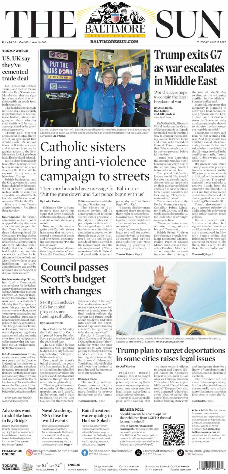 Portada de The Baltimore Sun (USA)