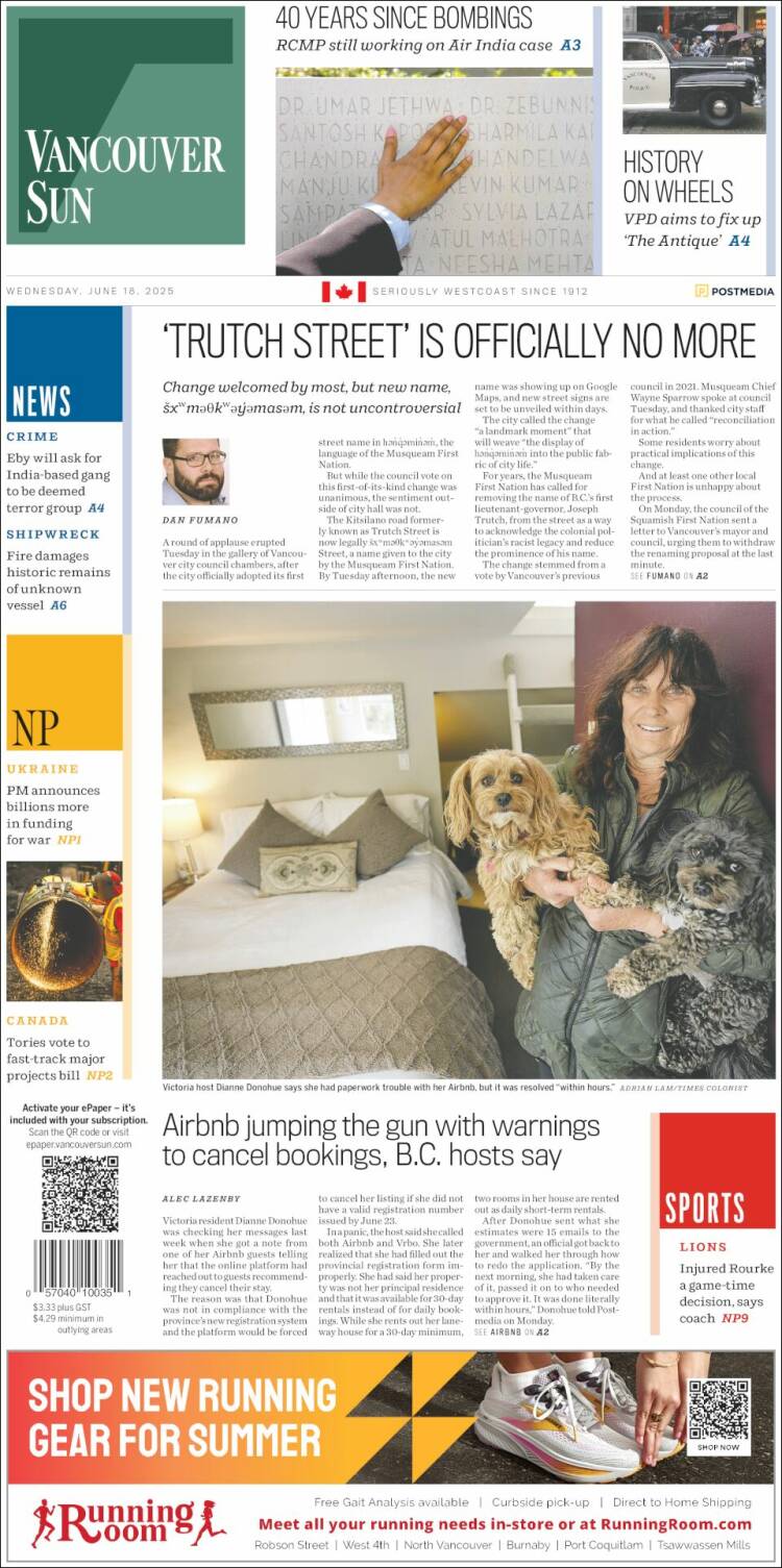 Portada de The Vancouver Sun (Canadá)