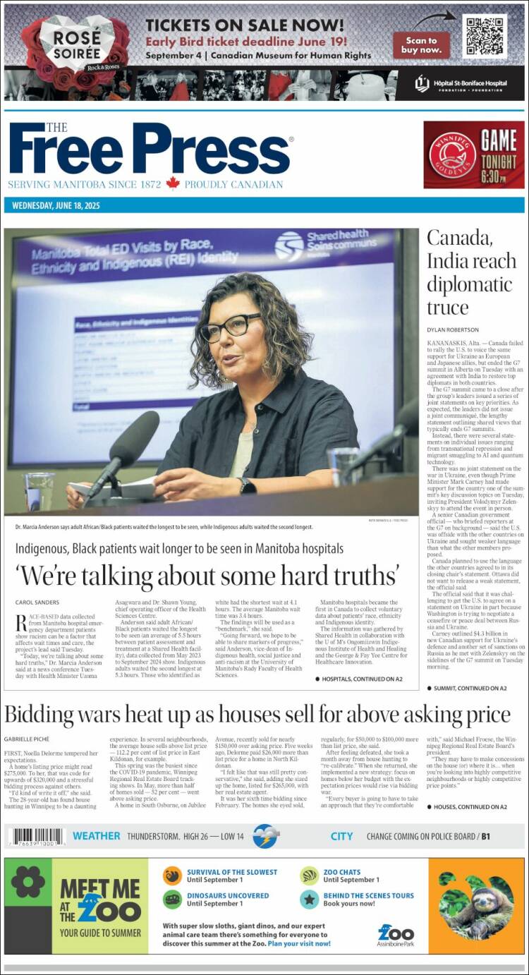 Portada de Winnipeg Free Press (Canadá)
